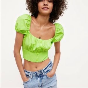Zara Neon Lime Green Crop Poplin Top L